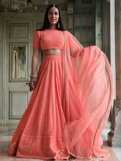 Peach Thread Embroidered Monochrome Bridesmaid Lehenga Choli